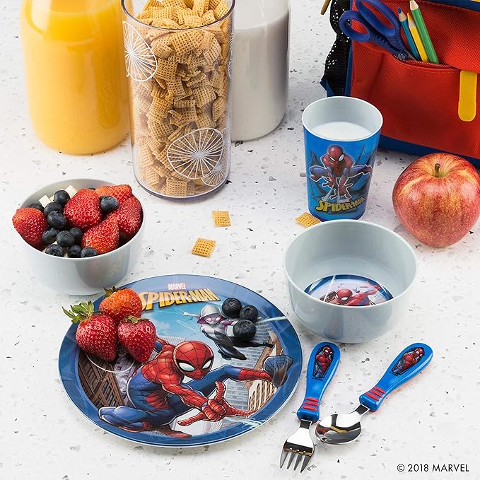 Zak Designs 5-Piece Dinnerware Set, Marvel Spider-Man - Durable Plastic & Stainless Steel - Includes Tumbler, 8-Inch Plate, 6-Inch Bowl, Fork & Spoon - Suitable for Kids Ages 3+