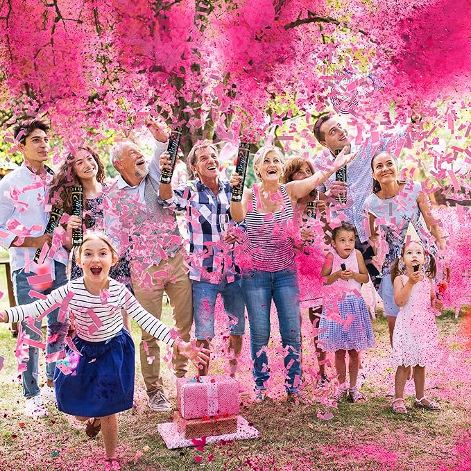 Gender Reveal Confetti Powder Cannon - Biodegradable Blue & Pink Poppers for Baby Shower Party Decorations - He or She What Will it Bee - 2 Pink Sticks