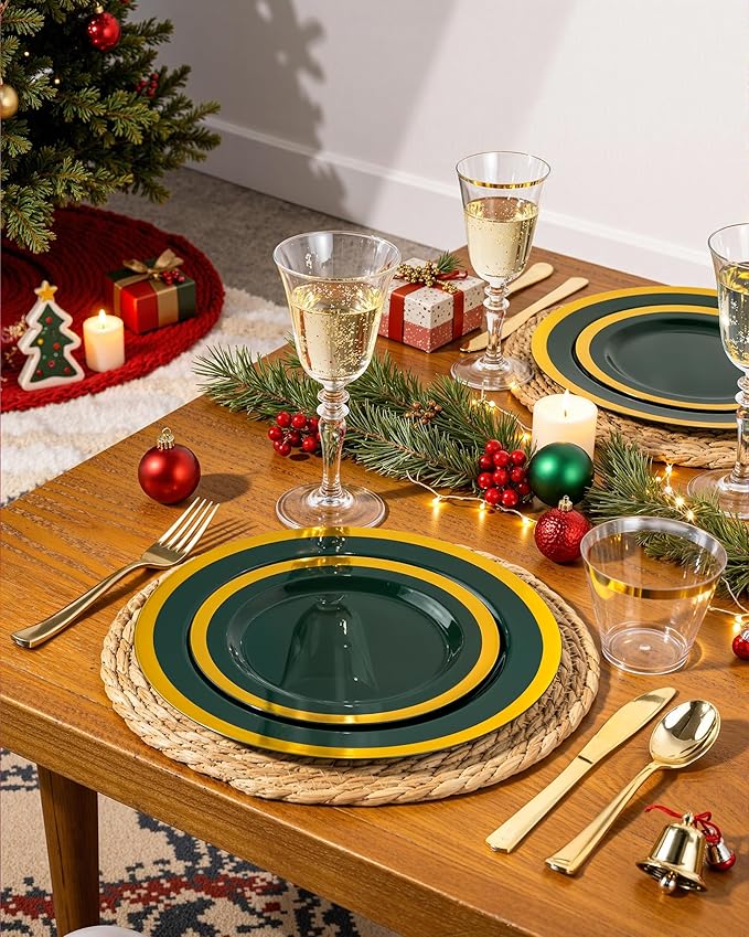 Nervure 102PCS Green Plastic Plates - Disposable Emerald Green Party Plate Include 51PCS 10.25inch Dinner Plates & 51PCS 7.5inch Dessert Plate for Wedding & Party