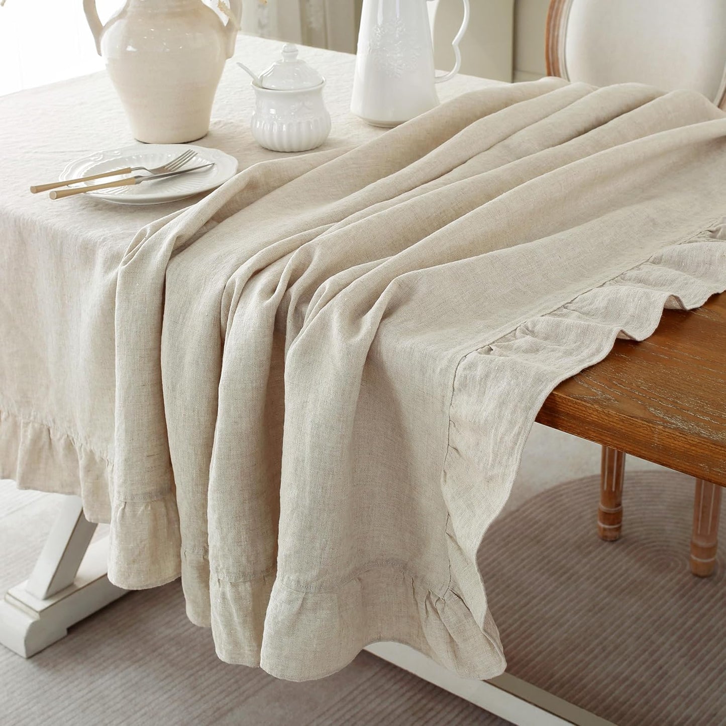 Linen World Ruffle Linen Tablecloth,100% French Linen Natural Tablecloth 132" x 90" Inch,Washable Rectangular Tablecloth for Dining,Outdoor,Weddings and Restaurants,Decorative Thanksgiving Christmas