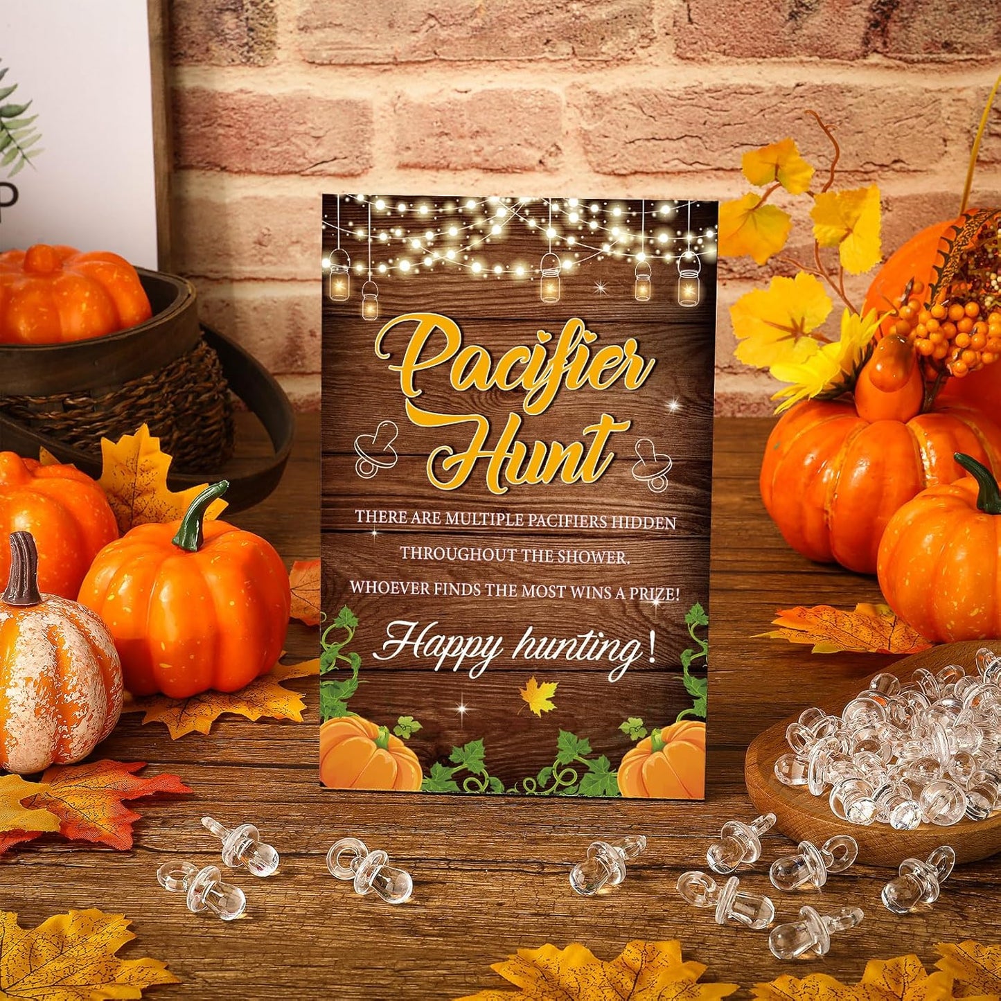 Thyle 51 Pcs Fall Pumpkin Baby Shower Games a Little Pumpkin Is on The Way Thanksgiving Pacifier Hunt Include Hunt Sign and 50 Acrylic Pacifiers for Baby Shower Gender Reveal Autumn Theme Decoration