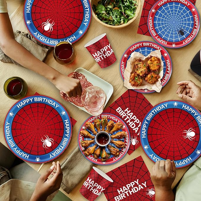 168Pcs Spider Birthday Decorations, Includes Plates Napkins Cups Knives Forks Spoons, Serve 24
