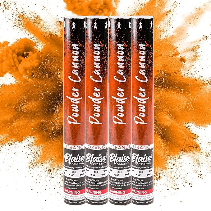 Blaise Pyro & Party - Orange Powder Poppers - Water-Soluble & Colorful Powder Cannons for Gender Reveals, Birthdays, Weddings & Celebrations - Easy to Use for Memorable Photos - 16-Inch, 4-Pack
