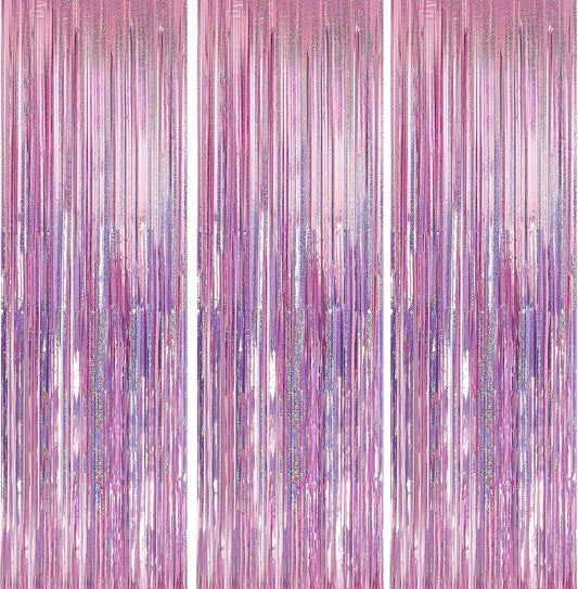 Crosize 5 Pack 3.3 x 9.9 ft Laser Pink Foil Fringe Curtains Party Decorations, Laser Pink Tinsel Curtain Backdrop for Parties, Door Streamers, Glitter Streamer Backdrop for Birthday Decoration