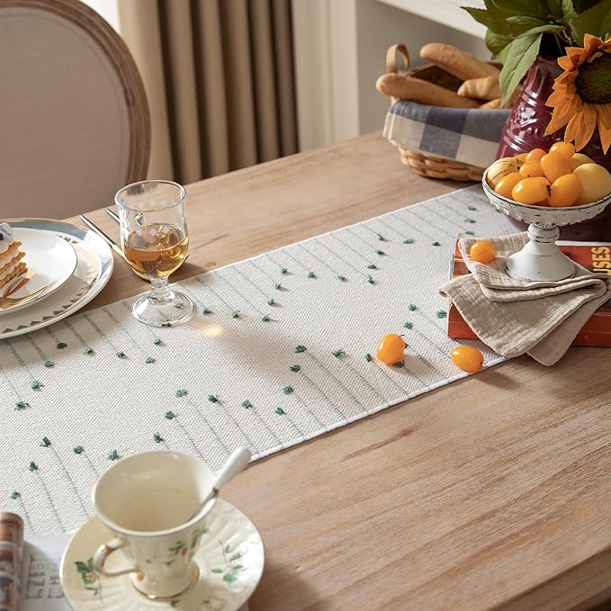 Boho Table Runner 13 x 90 Inch Long Natural Cotton Woven Runner with Tassels for Home Dining Table décor, for Modern Farmhouse Decor Coffee Table Runner, Green and Beige