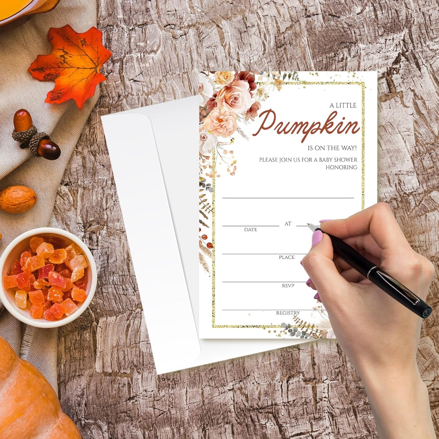 Fall Floral Pumpkin Baby Shower Invitations - “A Little Pumpkin Is On The Way” Design with Envelopes And RSVP Cards - 20Pcs Fill In Baby Shower Party Cards(4 x 6 Inch) (041)