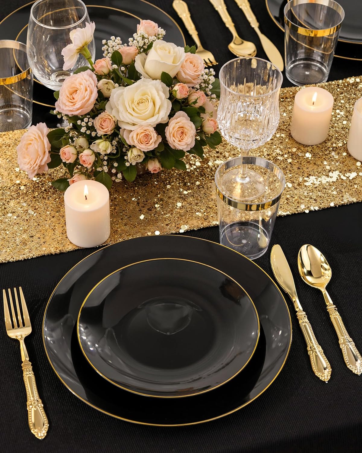 Nervure 100PCS Black and Gold Plastic Plates - 10.25 inch Black Disposable Plates - Gold Rim Dinner Plate - Black Dinner Plate Ideal for Wedding & Party & Halloween