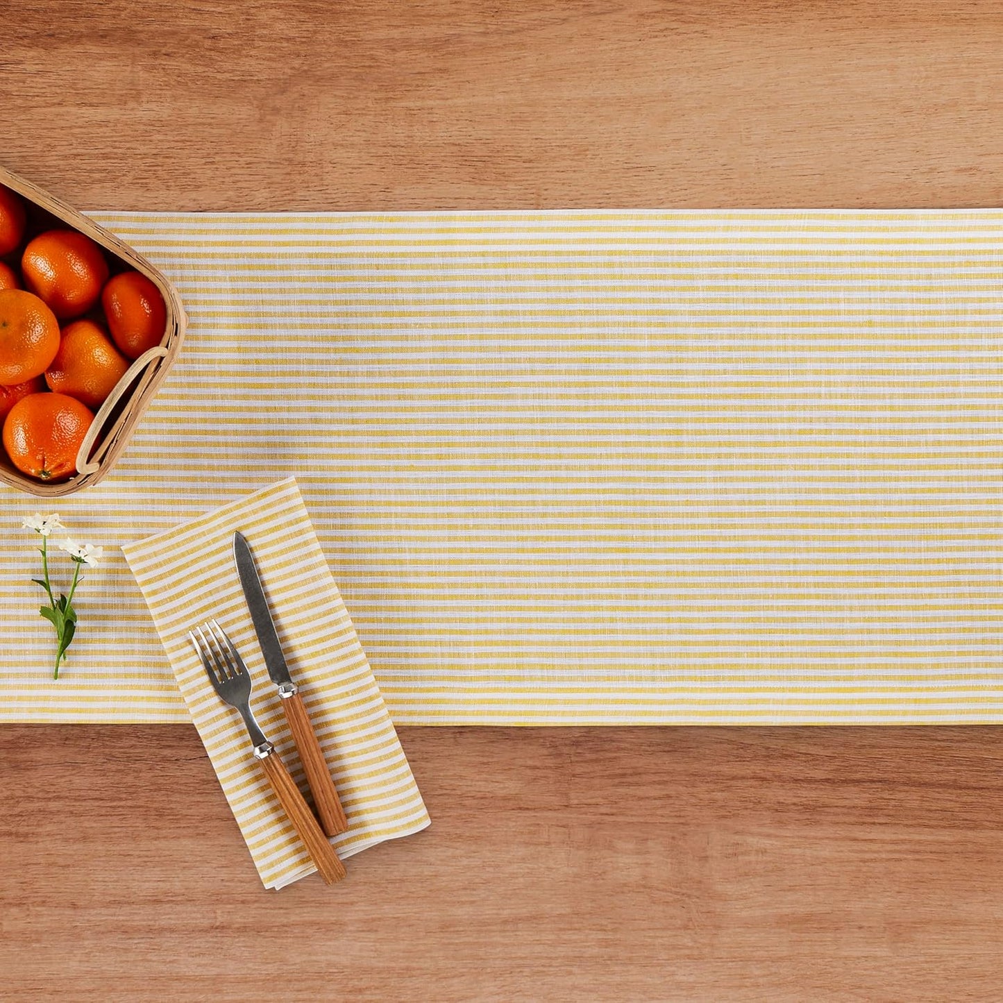 Solino Home Linen Striped Table Runner 60 Inches - Narrow Stripe, 100% Pure Linen Spicy Mustard and White Small Table Runner 14 x 60 Inch Ideal for Dresser and Coffee Tables