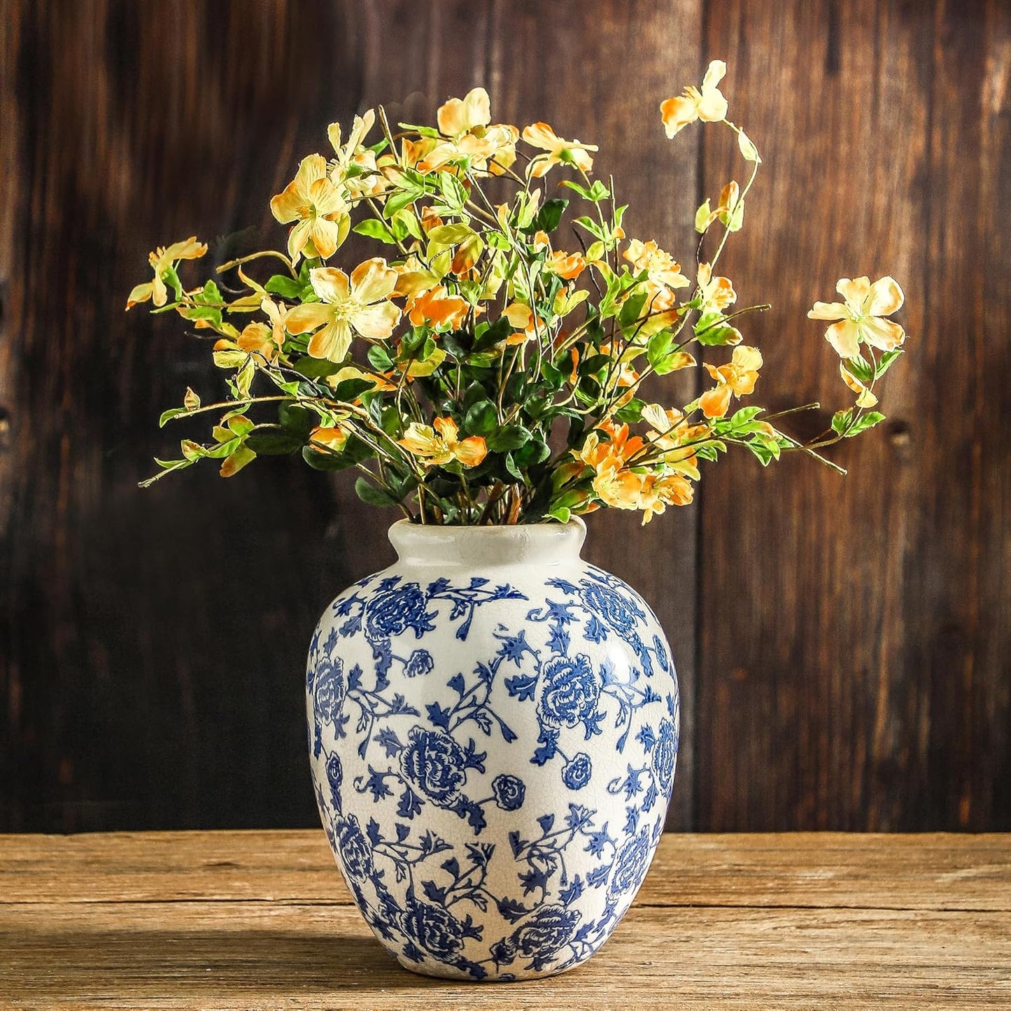 Ceramic Flower Vase, Blue and White Vintage Decorative Vase Chinoiserie Decor Rustic Farmhouse Retro Floral Vases for Table Bookshelf Mantel Kitchen Living Room Office - 7.8inch Blue