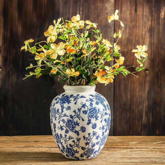 Ceramic Flower Vase, Blue and White Vintage Decorative Vase Chinoiserie Decor Rustic Farmhouse Retro Floral Vases for Table Bookshelf Mantel Kitchen Living Room Office - 7.8inch Blue