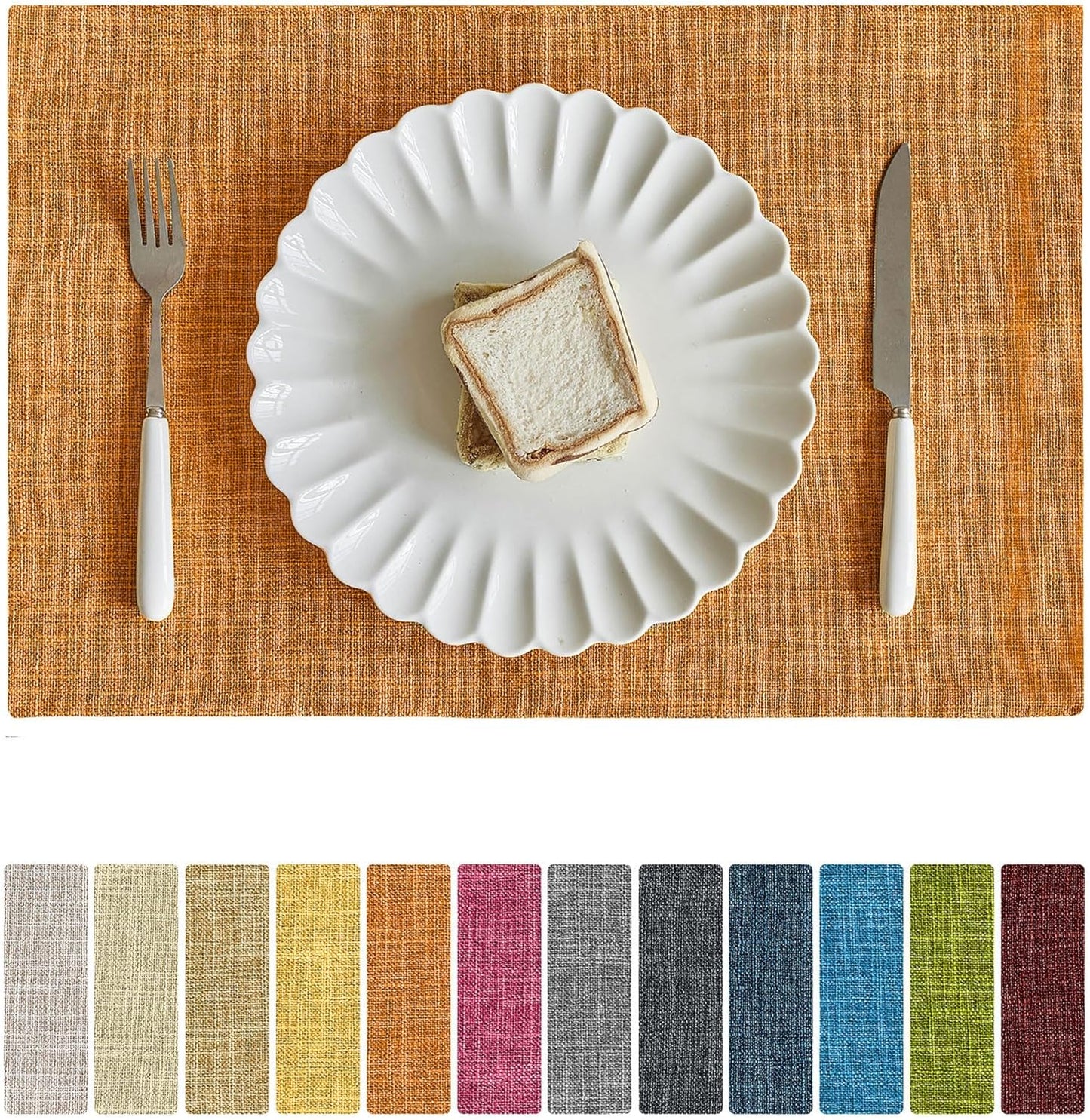 Softalker Faux Linen Placemats Set of 12-12 x 18 Inch, Heat Resistant Double Layered Durable Burlap Farmhouse Place Mats, Non-Slip Washable Rustic Table Mats for Dining, Kitchen, Party（Orange