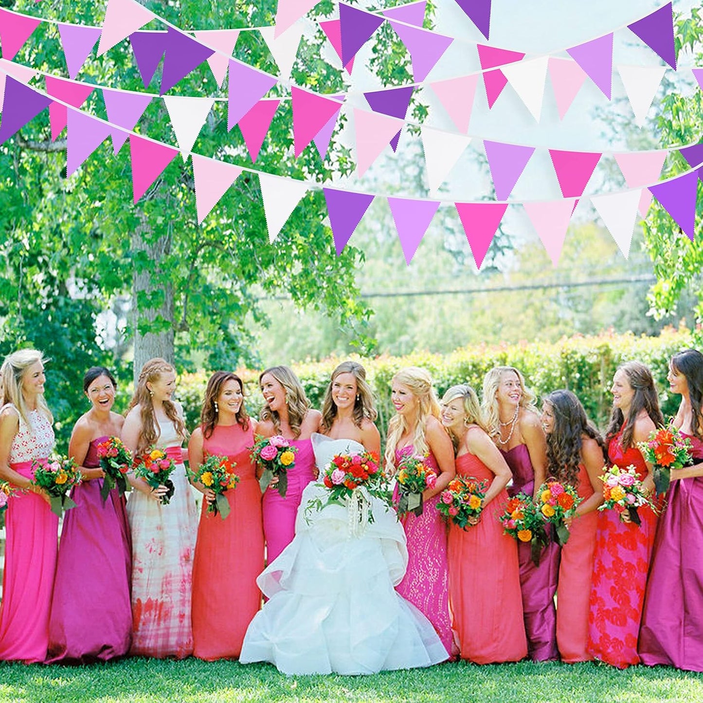 10M/32Ft Rose Pink Purple White Pennant Banner Fabric Triangle Flag Bunting Garland for Baby Shower Birthday Wedding Anniversary Party Home Nursery Outdoor Garden Hanging Festivals Decorations