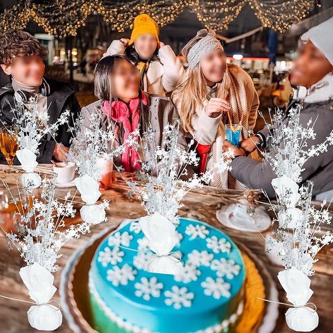 Gyufise 6 Pack Metallic Foil Spray Centerpiece Snowflake Table Decoration Burst Table Centerpieces Table Decor for Winter Wonderland Birthday Wedding Anniversary Holiday Party Supplies Silver White