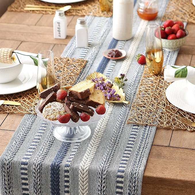 DII Farmhouse Braided Stripe Table Runner Collection, 15x72 (15x77, Fringe Included), French Blue
