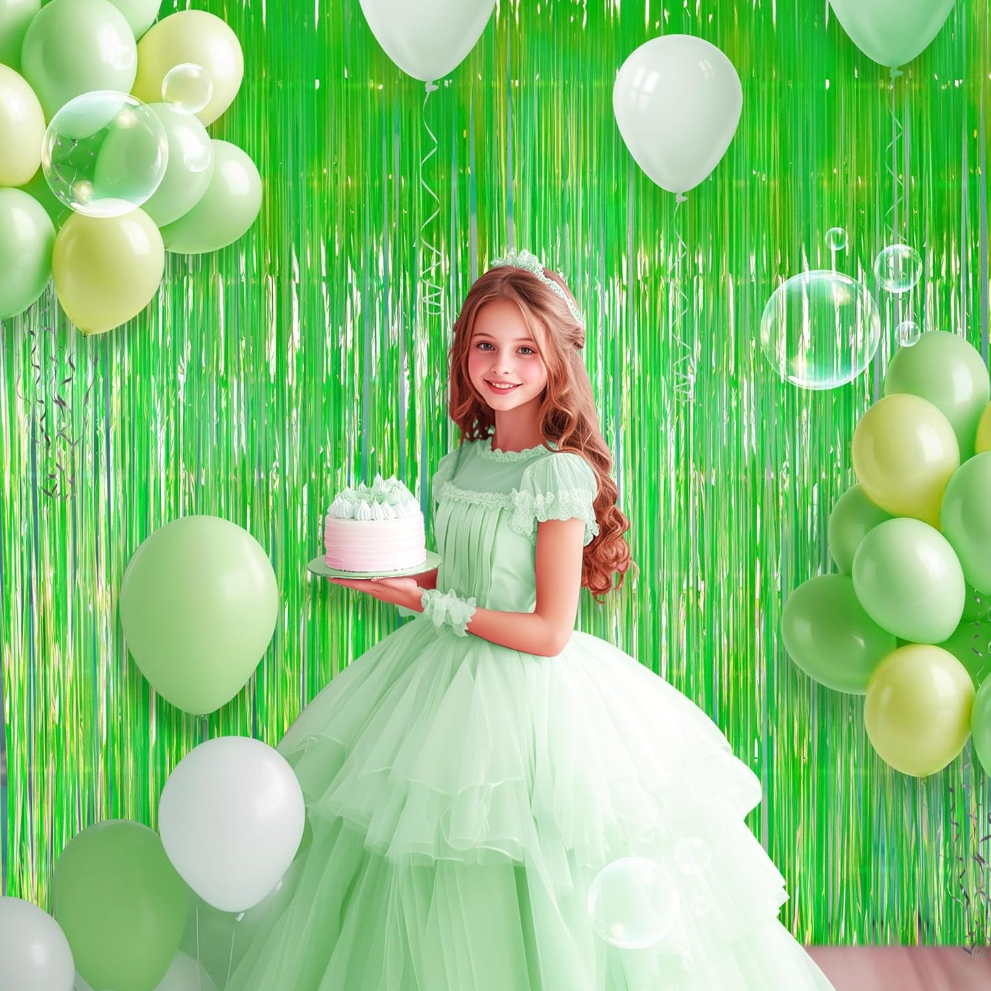 2 Pack Green Iridescent Streamers Backdrop, 3.3x6.6ft Foil Fringe Curtains Holographic Door Tinsel Streamers for Birthday, Wedding, Holiday, Bachelorette, Christmas Theme Party Decorations