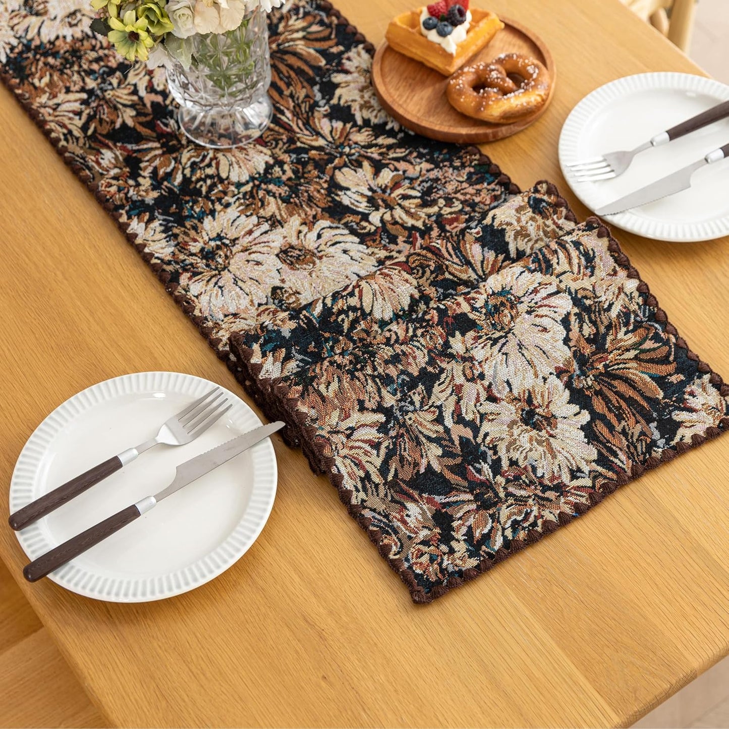 Boho Embroidery Table Runner, Flower Fall Kitchen Dining Table Decoration for Home Party Decor 13x90Inch