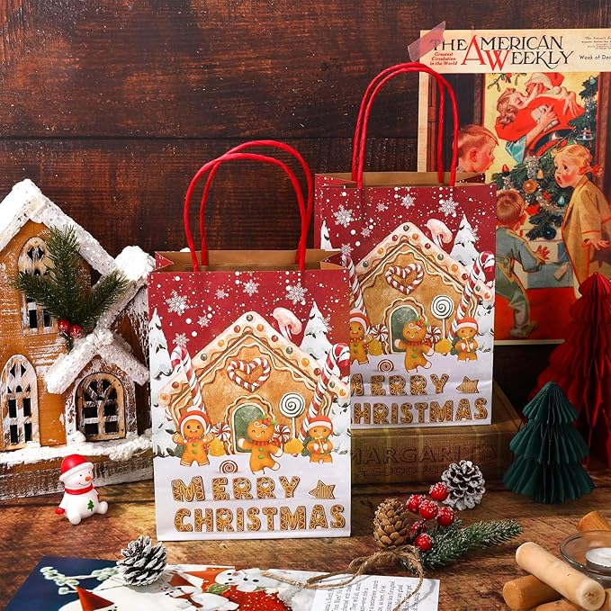 JarThenaAMCS 24Pcs Christmas Gingerbread Paper Gift Bags Merry Christmas Treat Bags with Handles Winter Snowy Candy Goodie Bag Grocery Bag for Xmas Party Supplies