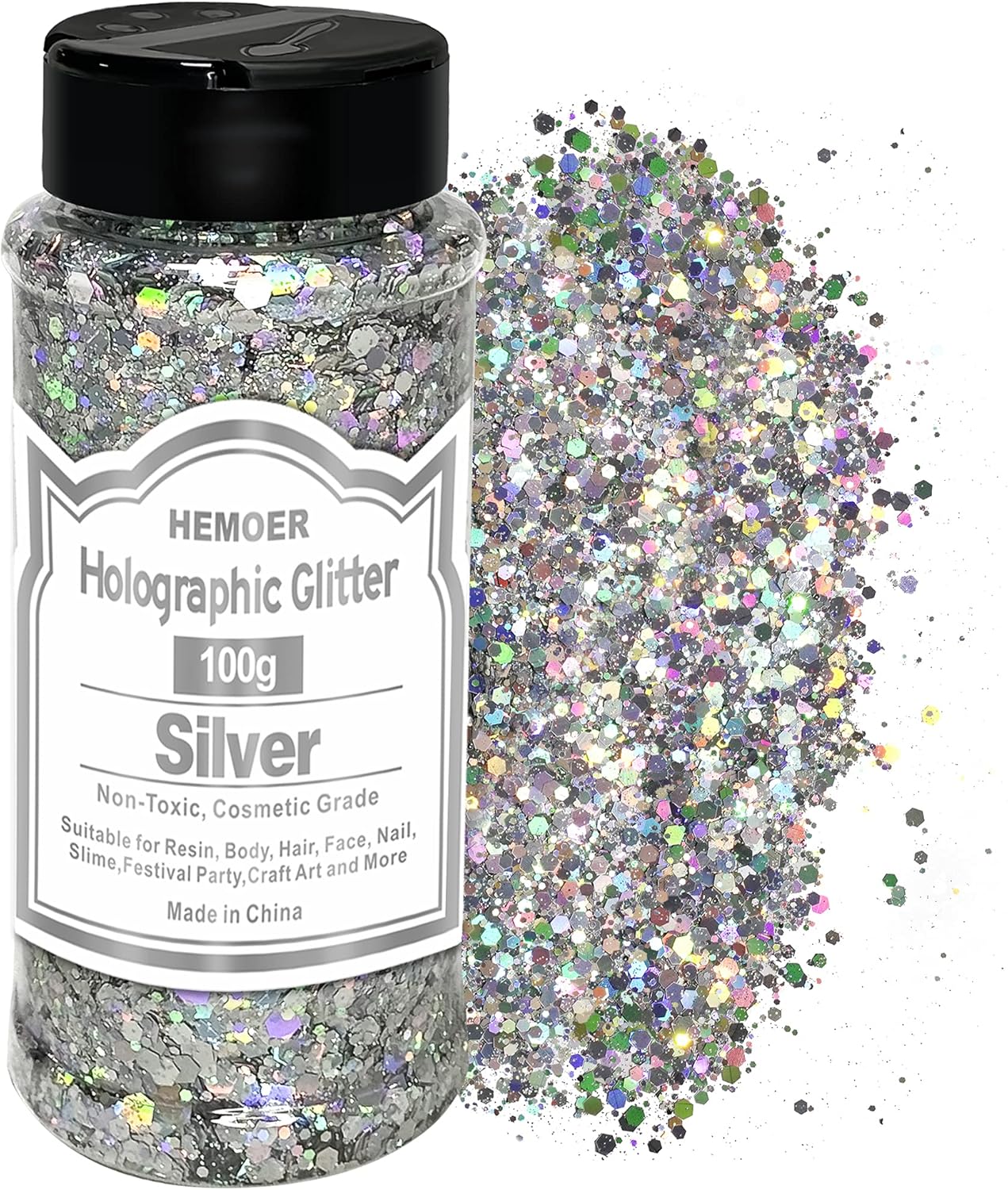 HEMOER Silver Glitter, 100g/3.5oz Holographic Chunky Glitter Mixed Hexagon Chunky & Fine Flakes Iridescent Sequins for Epoxy Crafts, Resin, Nail Body, Tumblers, Party Decoration