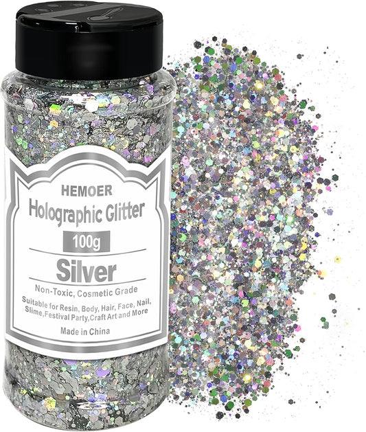 HEMOER Silver Glitter, 100g/3.5oz Holographic Chunky Glitter Mixed Hexagon Chunky & Fine Flakes Iridescent Sequins for Epoxy Crafts, Resin, Nail Body, Tumblers, Party Decoration