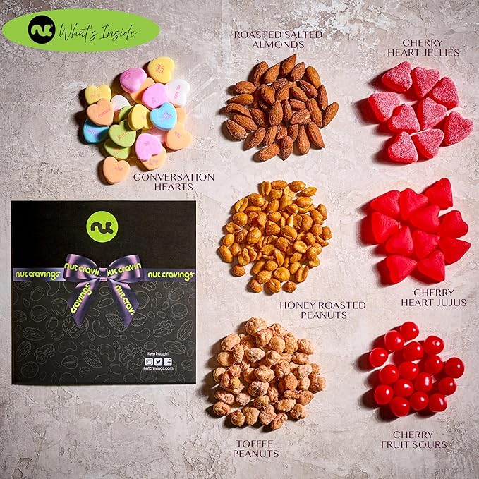 NUT CRAVINGS - Halloween Treats For Adults Mixed Nuts & Heart Candy Gift Basket in Red Gold Box (7 Assortments, 1 LB) Holiday Xmas Christmas Food Arrangement, Healthy Snack Care Package
