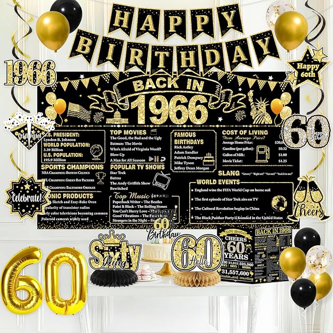 60th Birthday Decorations for Men, Black Gold Back in 1966 Party Supplies with Banner, Backdrop, Sash, Balloons, Cake Topper, Honeycomb Centerpieces, Happy 60th Birthday Decorations Kit