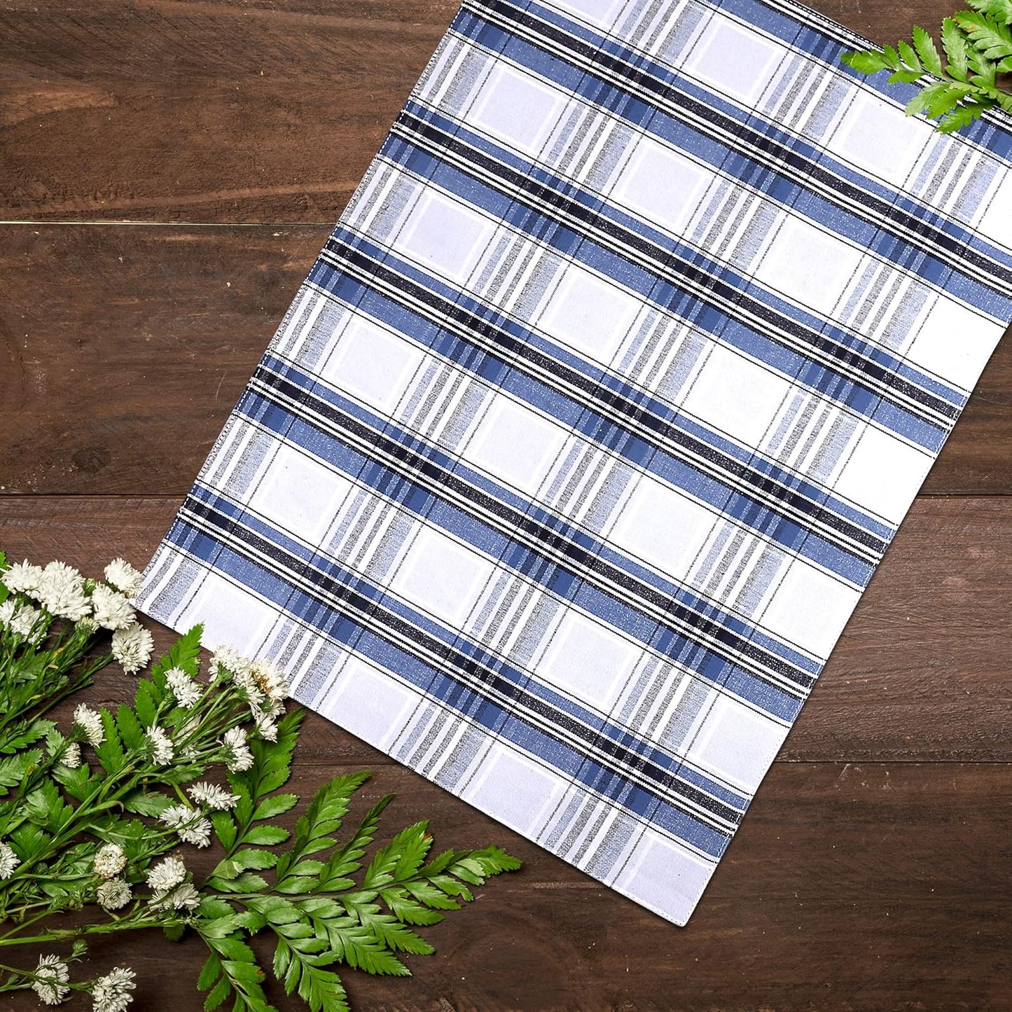 Urban Villa Christmas Placemats Snow Blue Color Checked 100% Cotton Fused Placemats 14''x 20'' Over Sized Set of 6 Use Heavier Quality Christmas Special placemats Quality