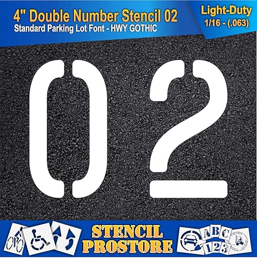 Pavement, Curb, and WheelStop Stencils - 4 inch Double Number Stencil - (02) - 4" x 5.5" x 1/16" (63 mil) - Light-Duty