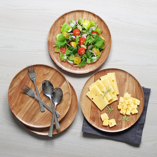 Lightnpro Acacia Round Wooden Charger Plates - Appetizer Plates, Centerpiece Tableware, Service Plates for Salad, Sandwiches, Burgers, Dinner, Lunch, Weddings, Catering - Set of 4, 10 Inch, Natural