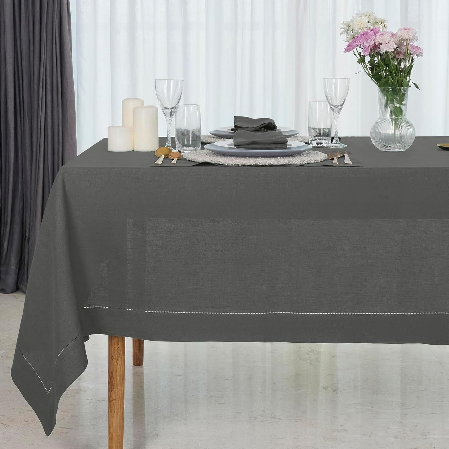 D'Moksha Homes Charcoal Grey Linen Tablecloth for Rectangle Tables 60 x 90 Inch - 100% Pure Linen Grey Table Cloth - Classic Hemstitch, Machine Washable Tablecloth for Thanksgiving, Holiday