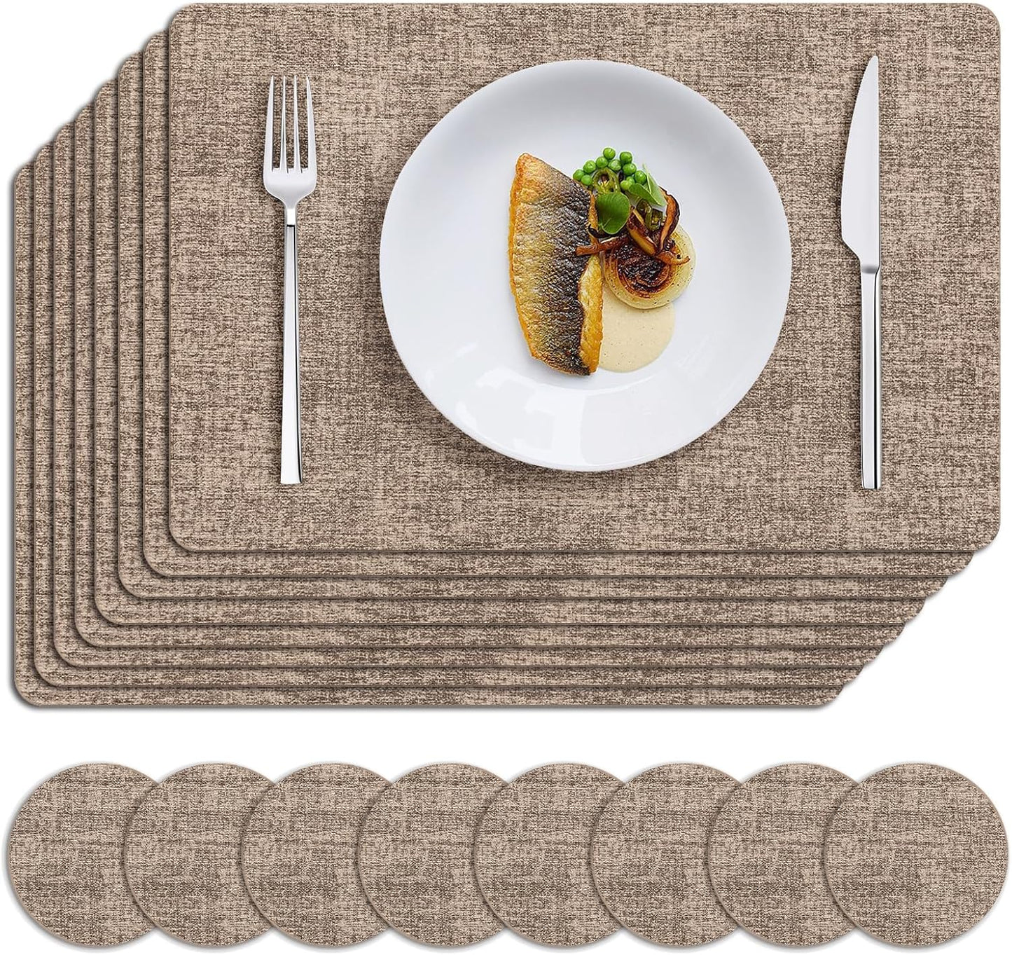 MOSAYT Placemats Set of 8, Heat Resistant Vinyl Place Mats with Coasters, Wipeable Washable 100% Waterproof Oil Proof Faux Leather Table Mats for Kitchen Dining Party Outdoor, 12" x 18", Khaki