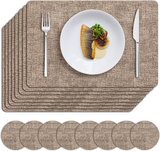 MOSAYT Placemats Set of 8, Heat Resistant Vinyl Place Mats with Coasters, Wipeable Washable 100% Waterproof Oil Proof Faux Leather Table Mats for Kitchen Dining Party Outdoor, 12" x 18", Khaki