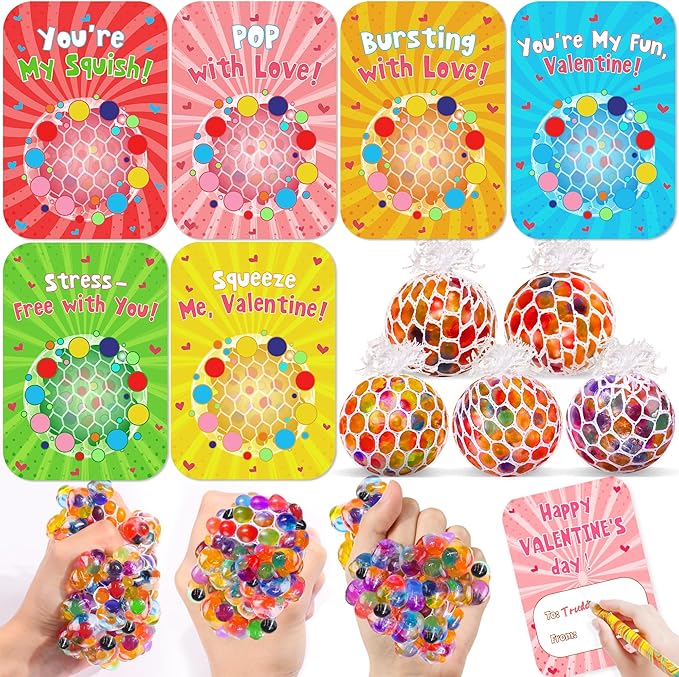 24 Pack Valentines Day Gifts for Kids Classroom Fidget Stress Balls with Valentines Cards Stress Relief Toys Squeeze Ball for Kids Boys Girls School Exchange Cards Gifts Valentines Party Favors Prizes