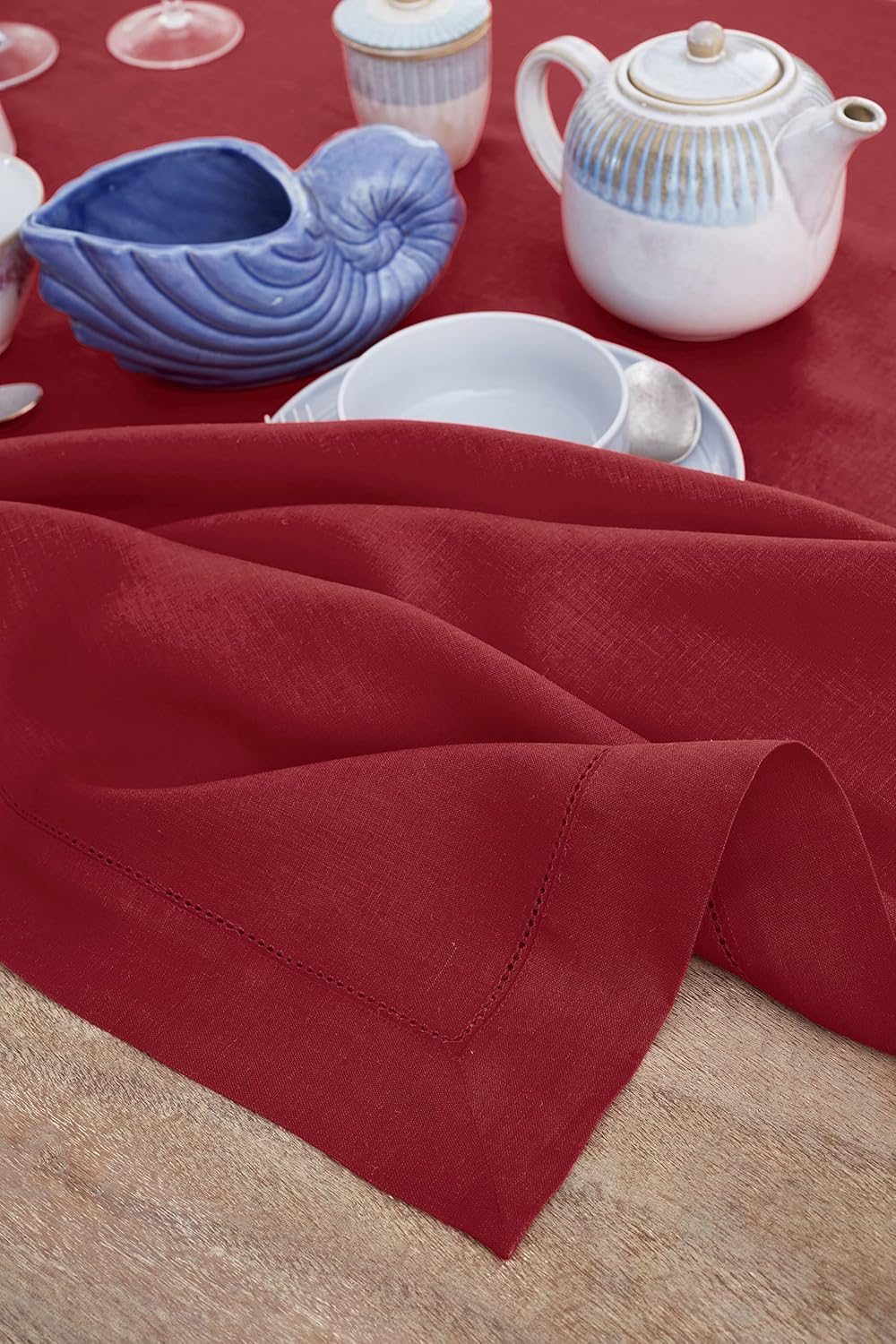 Solino Home Linen Tablecloth 60 x 108 Inch - Classic Hemstitch 100% Pure Linen Red Table Cloth for Rectangle Tables - Machine Washable Tablecloth for Christmas