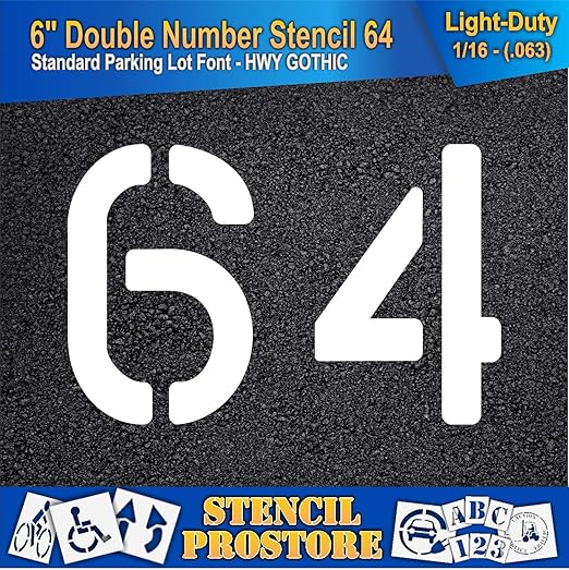 Pavement, Curb, and WheelStop Stencils - 6 inch Double Number Stencil - (64) - 6" x 9" x 1/16" (63 mil) - Light-Duty