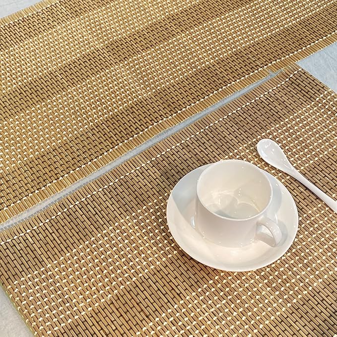 ANDSTAR 12x72 Inch Weave Bamboo Table Runner Stain Resistant Heat Resistant Oil-Proof Non-Slip Waterproof Easy to Clean Table Runner for Kitchen Dinning Room Table Decoration(Brown,1 Piece) …