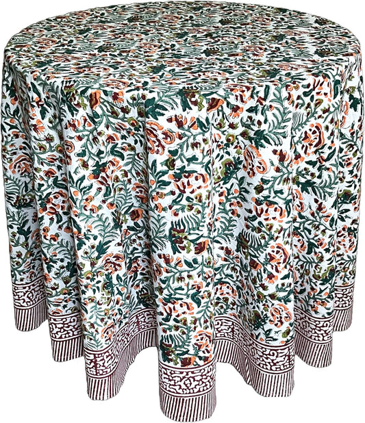 ATOSII Ambrosia Green 100% Cotton Round Tablecloth, Handblock Print Floral Table Cloth for Kitchen Dining Linen I Weddings, Outdoors, Thanksgiving, Christmas I Fall Home Decor I 72" Inches Round