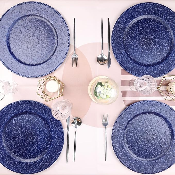 Navy Blue Charger Plates with Beaded Rims, Set of 6 Plastic Wedding Bulk Plate Charges for Dinner Plates, Table Decoration, Holiday, Thanksgiving, Christmas.