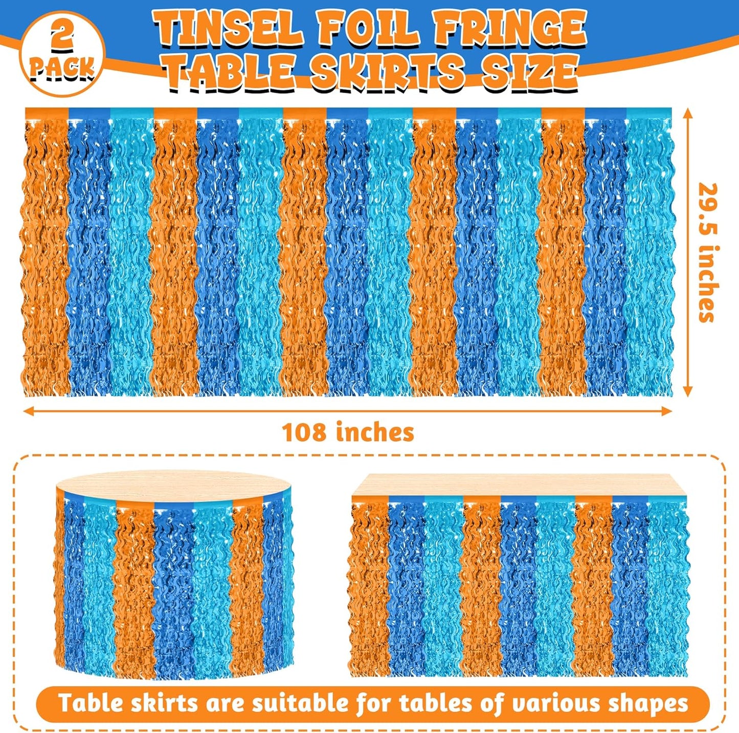 2 Pack Table Skirt, Blue Orange Grass Skirt for Table, Metallic Wavy Tinsel Foil Fringe Desk Skirts, Blue Orange Foil Table Skirt for Birthday Indoor Party Decorations