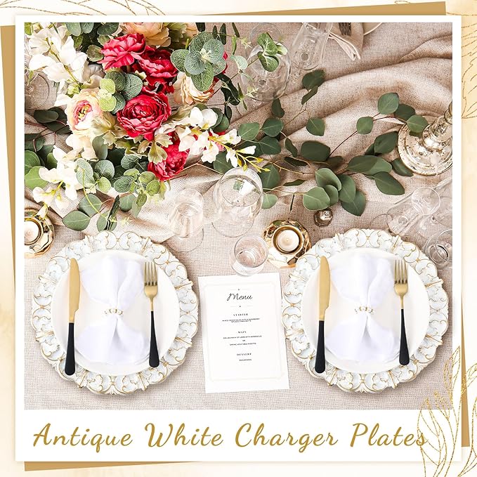 30 Pcs Antique White Charger Plates Bulk 13 Inch Embossed Rim Plastic Round Decorative Vintage Plates Charger for Dinner Wedding Party Event Table Setting Decoration (Vintage)