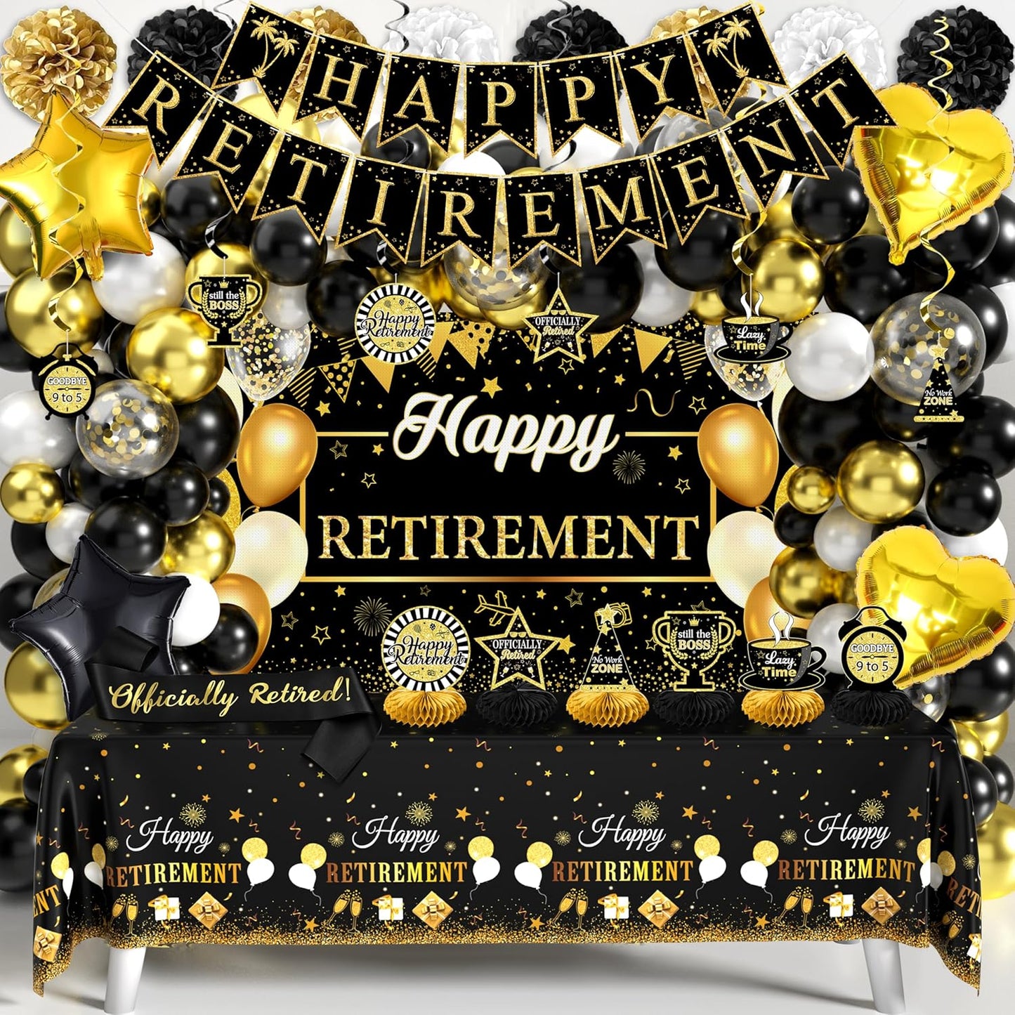 Retirement Party Decorations for Men Women 109Pcs Black Gold Happy Retirement Decorations Retired Banner Backdrop Balloons Sash Hanging Swirls Pompoms Tablecloth Honeycomb Centerpiece(Black Gold)