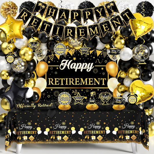 Retirement Party Decorations for Men Women 109Pcs Black Gold Happy Retirement Decorations Retired Banner Backdrop Balloons Sash Hanging Swirls Pompoms Tablecloth Honeycomb Centerpiece(Black Gold)