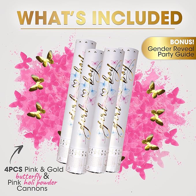PrimePure Gender Reveal Confetti Cannon - Butterfly Confetti Popper & Biodegradable Powder Cannon - Pink, 4 Pack - Baby Girl Gender Reveal Smoke Bombs Baby Powder Pink Paper Party Poppers