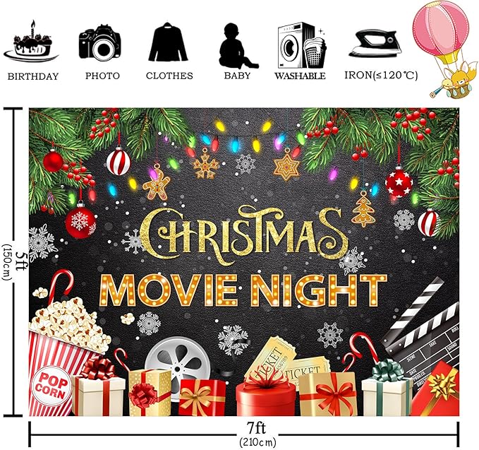 Homewelle Christmas Movie Night Party Backdrop 7Wx5H Feet Polyester Fabric Winter Merry Xmas Presents Holiday Snowflake Decoration Festival Photo Supplies Photography Background Photo Shoot Props