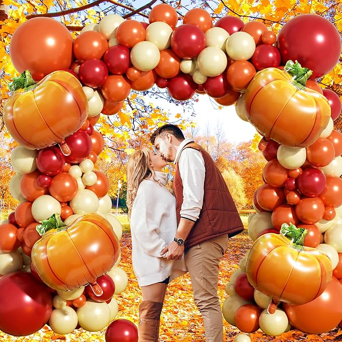 Fall Balloon Arch Garland Kit 153pcs with Pumpkins, Thanksgiving Balloons Arch Kit Burnt Orange Burgundy Yellow Balloons Different Sizes for Little Pumpkin Birthday Baby Shower Decoration