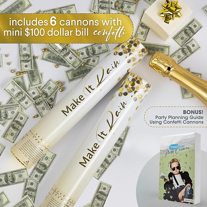 PrimePure Confetti Cannon Party Poppers - Biodegradable Money Confetti Poppers - 6 Pack - Mini 100 Dollar Confetti Party Poppers Shooters for Events, Birthday, Celebrations