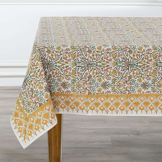 Ridhi - Goldenrod Yellow Hand Block Print Cotton Cloth Dinning Table Cover Wedding Farmhouse Thanks Giving Christmas Spring Tablecloth 4 Seater 60x60 Inches