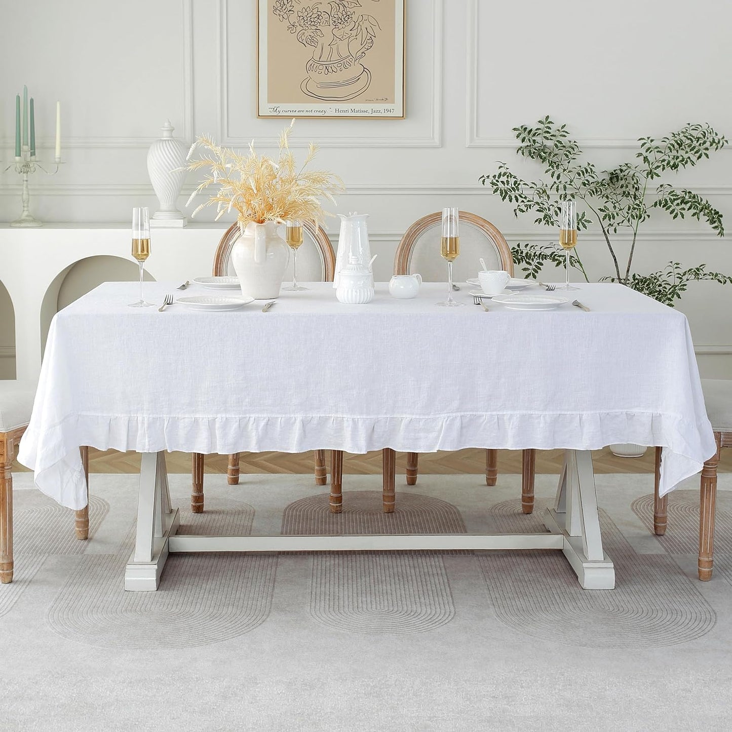 Linen World Ruffle Linen Tablecloth,100% French Linen White Tablecloth 108" x 60" Inch,Washable Rectangular Tablecloth for Dining,Outdoor,Weddings and Restaurants,Decorative Thanksgiving Christmas