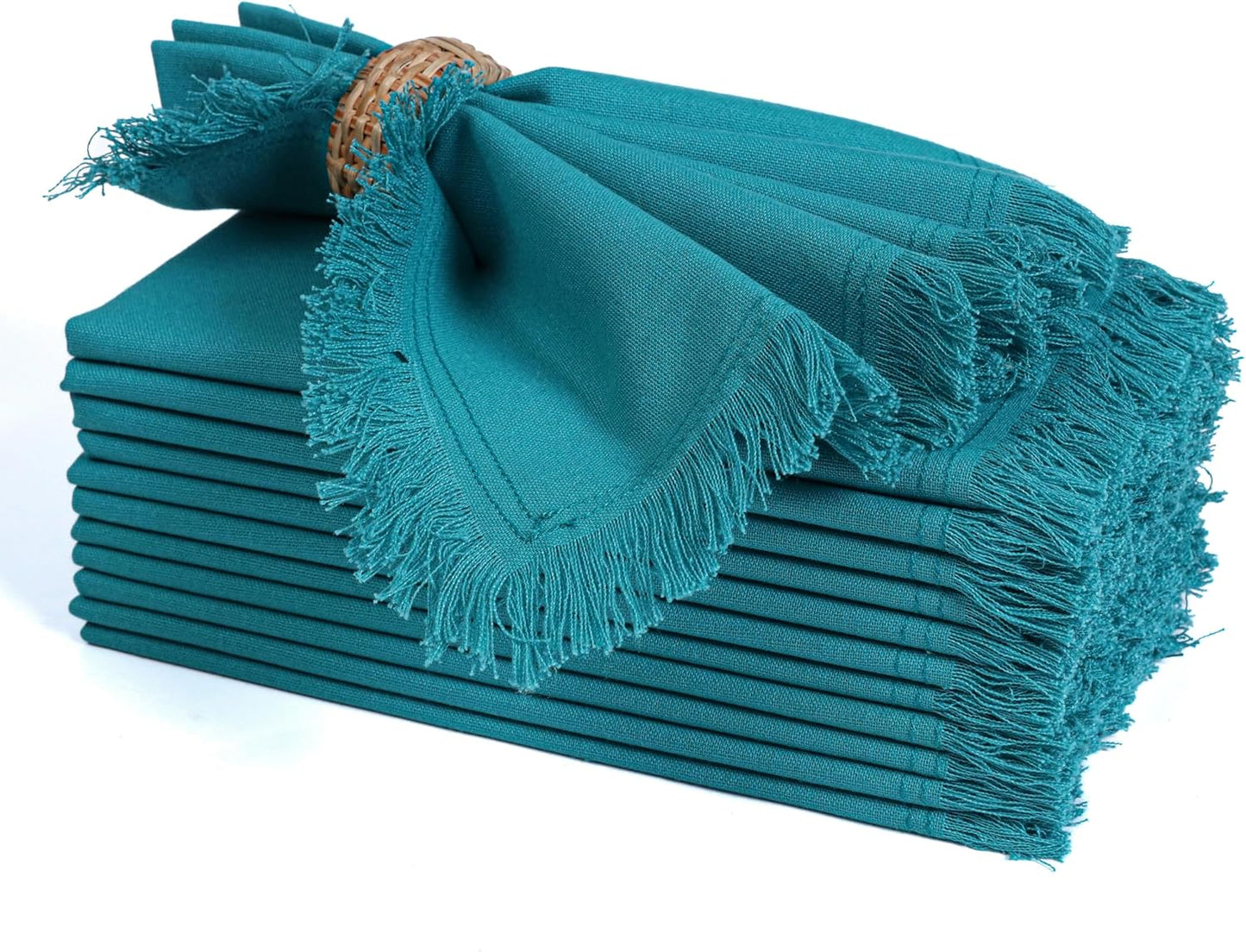 Bedding Craft Cotton Cloth Dinner Napkins Set of 12 – 18x18 Latigo Bay Teal with Fringed Corners – Reusable Machine Washable Fabric Napkins for Weddings, Baby Showers, Parties & Dining