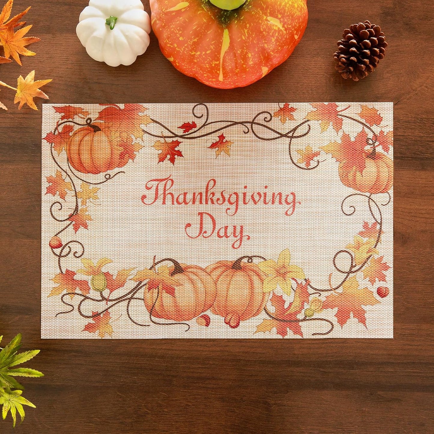 Thanksgiving Placemats Set of 6 Fall Place Mats Pumpkin Maple Leaves Table Mats Washable Non-Slip Heatproof Woven Placemats for Dining Table (17.7" X 11.8")