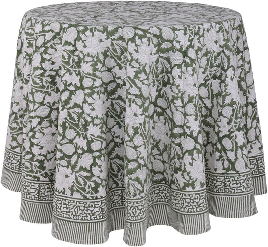ATOSII Meraki Green 100% Cotton Round Spring Tablecloth, Handblock Print Floral Table Cloth for Kitchen Dining Linen I Parties, Weddings, Outdoors, Christmas, Easter Home Decor 90" Inches Round